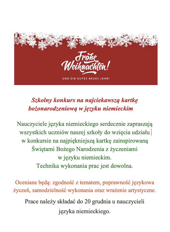 Szkolny konkurs na najciekawszą kartę bożonarodzeniową w języku niemieckim